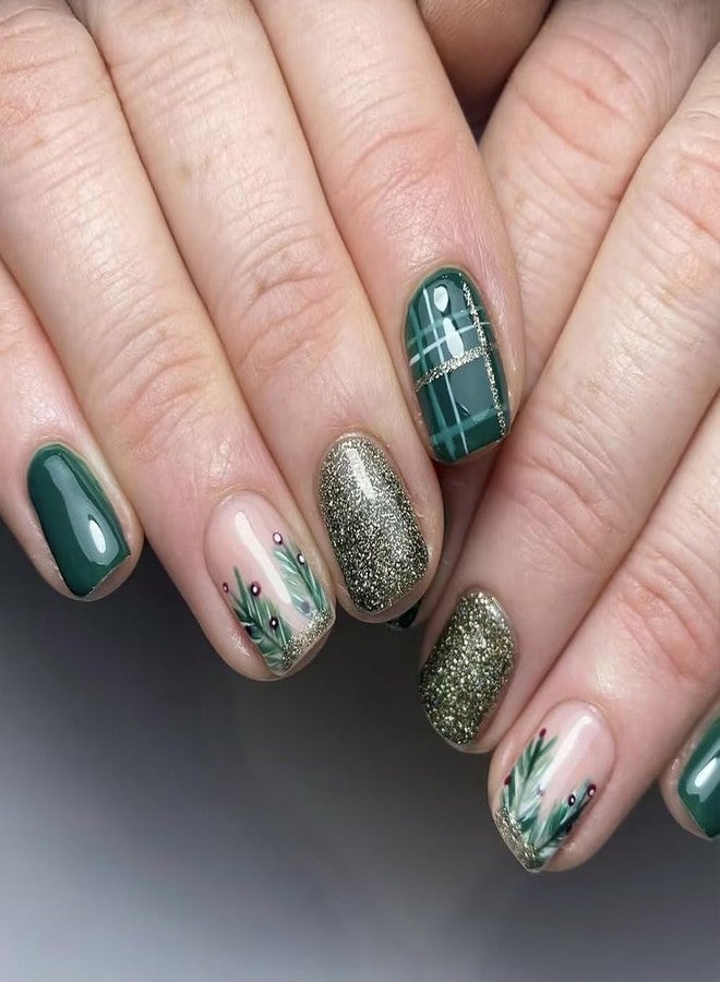 HJKDSFD Christmas Green Press on Nails Short Square Acrylic Nails Press on Winter Fake Nails with Gold Glitter Stripes Designs Full Cover Glue on Nails Xmas Glossy Artificial False Nails for Women 24Pcs - Image 1